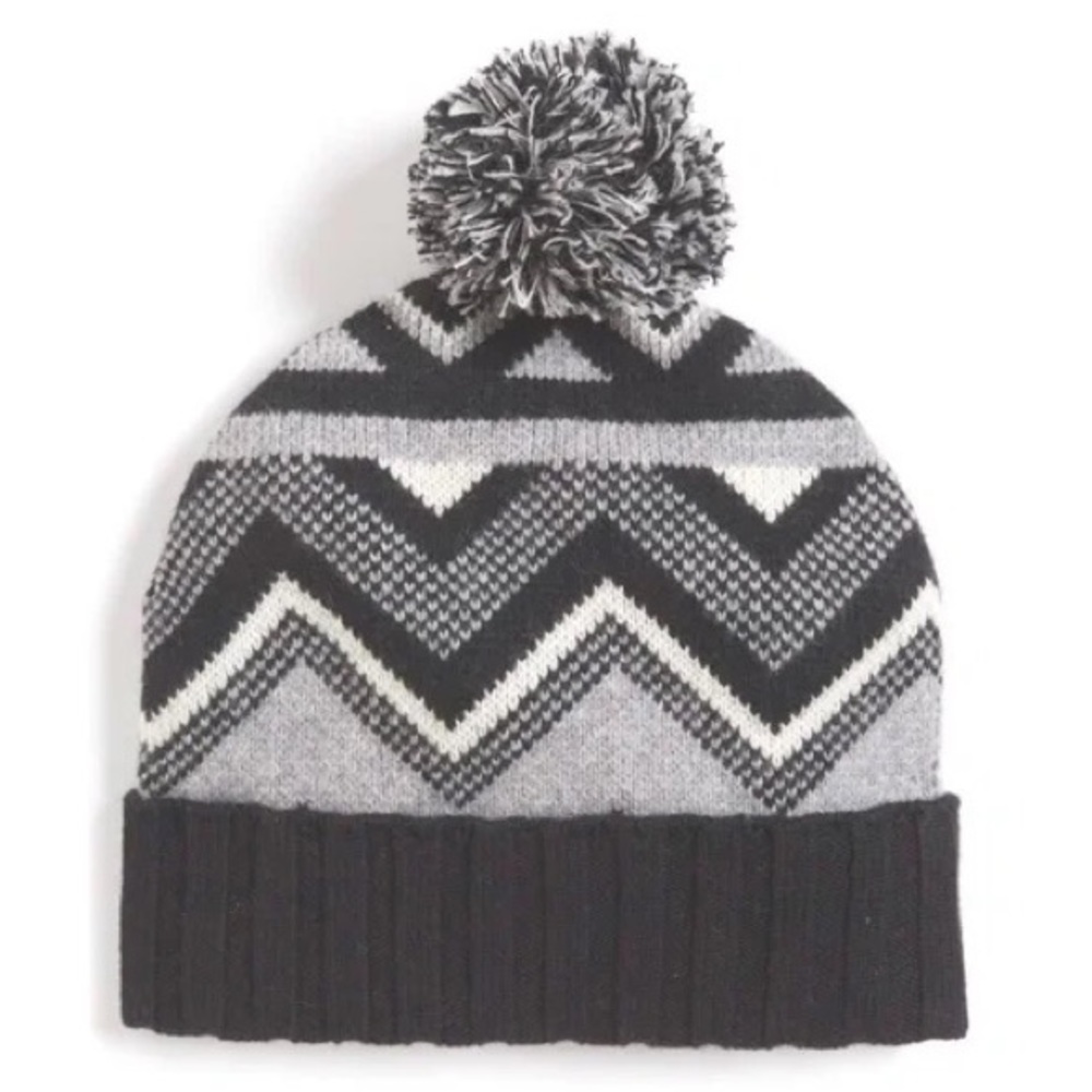 NORDSTROM WOOL CASHMERE KNIT BEANIE WITH POM FAIRE ISLE BLACK/TORNADO OS NWOT